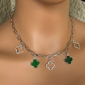 Silver and Forest Green Clover Charm Necklace